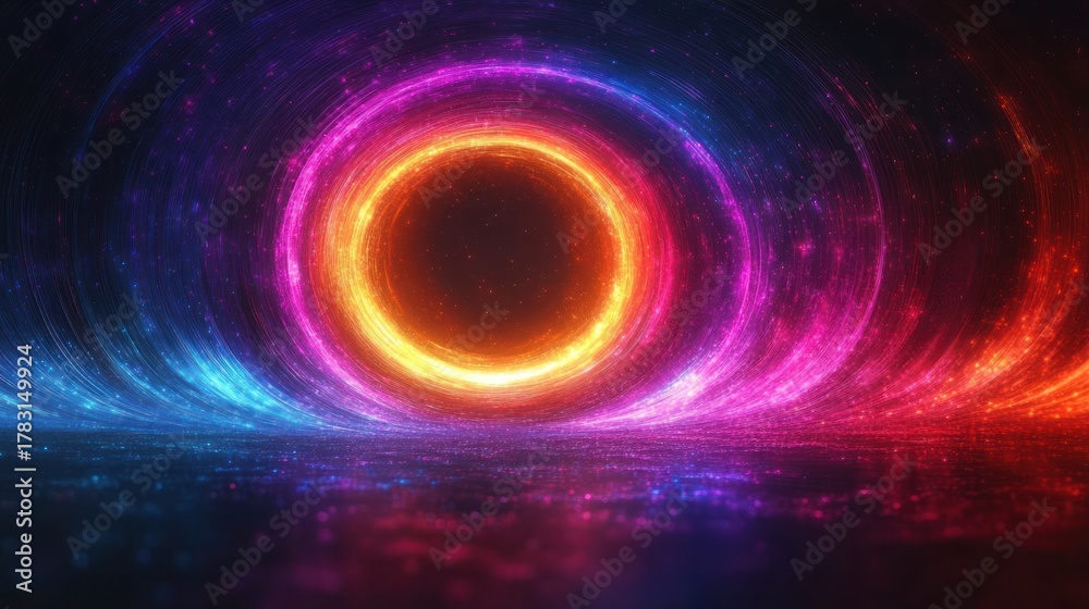 Obraz premium Cosmic Event Horizon: A mesmerizing illustration of a black hole, rendered in vibrant hues of orange, purple, and blue, showcasing the captivating power of the cosmos.