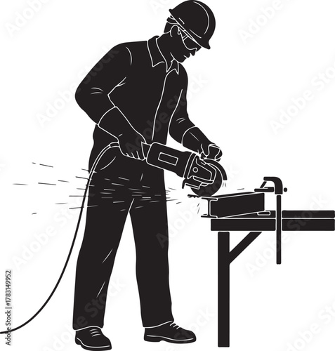 Manual Laborer or Construction Worker Using an Angle Grinder to Cut Metal, Emphasizing Safety Gear and Industrial Work with Flying Sparks.