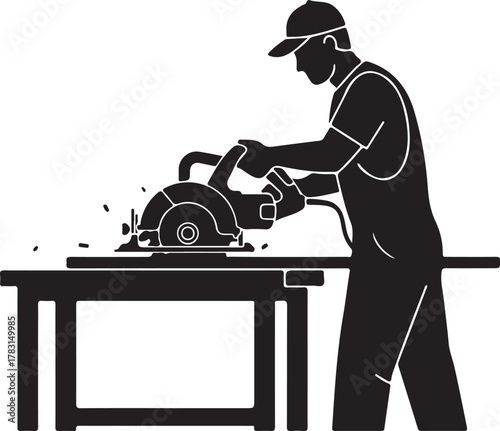 Silhouette illustration of a skilled worker or carpenter cutting wood with a circular saw, performing essential woodworking and construction tasks in a workshop setting