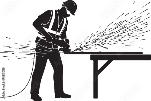 Silhouette of a skilled worker, tradesman, or construction professional operating an angle grinder, creating vibrant sparks while cutting or shaping metal on a workbench.