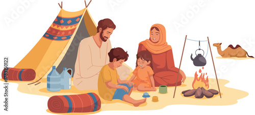Desert family camping, traditional tent, cultural attire, children playing, campfire kettle, sand ground, camel resting, bonding, outdoor lifestyle, simplicity
