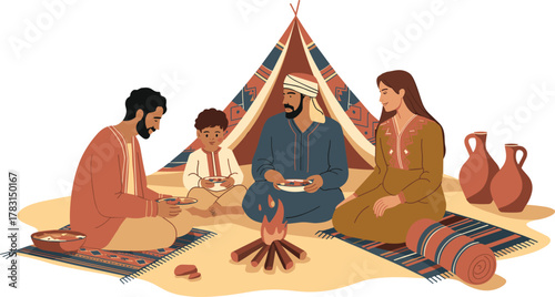 Desert family meal, traditional tent, Middle Eastern culture, clay jugs, sand ground, warm bonding, heritage, outdoor dining, rugs, togetherness