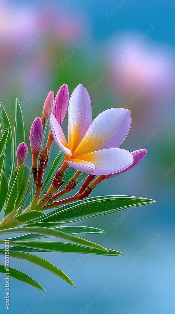 Fototapeta premium Macro Shot Of A Vibrant Tropical Pink Flower In Bloom With Dew Drops On Petals And Green Leaves Against A Soft Blue Blurred Background