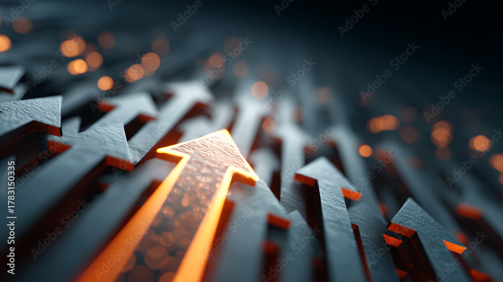 Fototapeta premium Abstract image of multiple arrows pointing upwards with bokeh lights.