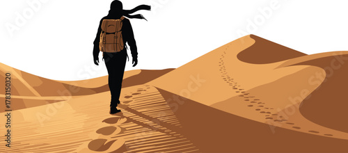 Desert journey silhouette, solo traveler, sand dunes, footprints trail, backpack adventure, wind scarf, arid landscape, solitude, exploration, travel art