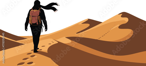 Desert traveler silhouette, walking through dunes, backpack journey, wind-blown scarf, footprints trail, solitude, exploration, arid landscape, adventure, minimalist art