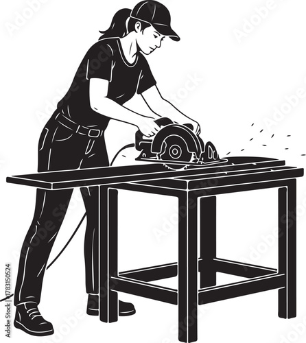 Female Carpenter Using Circular Saw on Wood Plank, Illustrating Woodworking, DIY, and Construction Projects with Craftsmanship