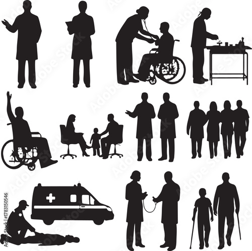  Diverse healthcare and medical staff silhouettes, featuring doctors, nurses, patients, and emergency services like an ambulance, depicting hospital consultations, care, and first aid