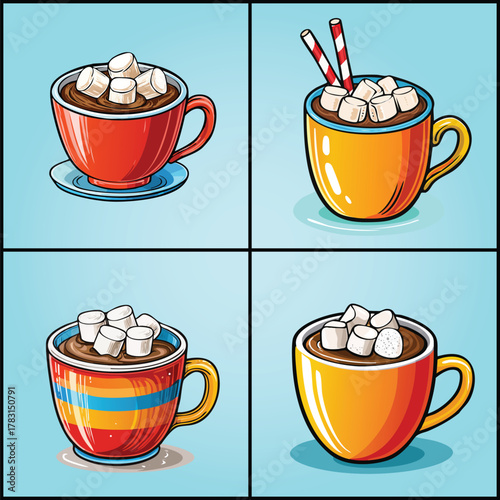 Hot cocoa cups with marshmallows on blue