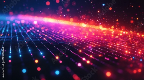 Vibrant Tech Flow: a mesmerizing display of a digital stream of data with an array of bright, glowing dots, evoking a sense of forward motion and connectivity.