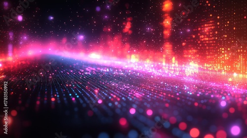 Digital Cityscape: An abstract display of city lights and data streams, where vibrant colors and radiant lines intertwine, evoking the essence of a futuristic urban landscape.