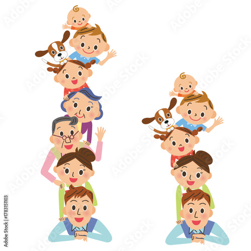 三世代家族と家族が縦に並んでいる