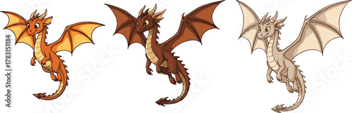 Colorful fantasy dragon illustration set, cute cartoon dragons with wings, mythical flying creature artwork, adorable fantasy animal design vector