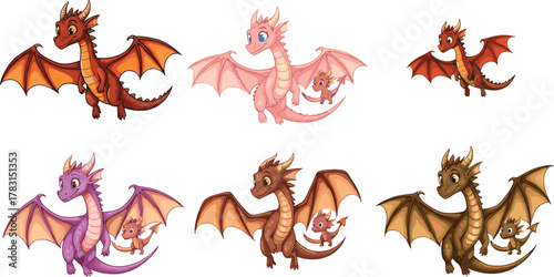 Colorful cute dragon family illustration, adorable baby dragons with parents, fantasy creature artwork, mythical cartoon dragon design, magical vector character art