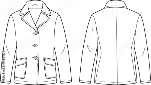 Women's tailored jacket sketch, front and back view, notched lapel, button closure, flap pockets, fashion flat, garment template, illustration
