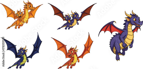 Cute cartoon dragon collection, colorful flying baby dragons, fantasy creature illustration set, adorable mythical dragon characters, children’s fantasy artwork design