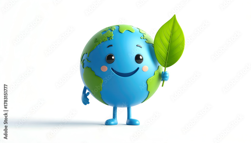 Obraz premium A cute earth cartoon character cheerfully promotes eco-friendly living and a sustainable future, emphasizing environmental awareness and a healthy planet for everyone.