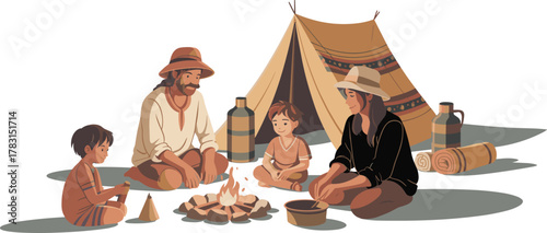 Family camping scene, outdoor bonding, campfire cooking, decorative tent, nature lifestyle, sleeping mats, water bottles, casual clothing, children, togetherness