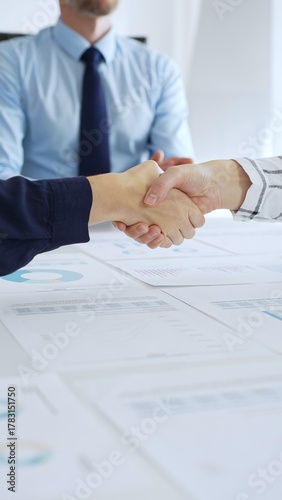 Business woman partners are shaking hands in office with financial charts, laptop and reports on table, symbolizing success, teamwork and agreement. Handshake concept