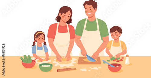 Family cooking together, kitchen teamwork, rolling dough, chopping vegetables, cheerful kids, aprons on, food prep, bonding, homemade meal, happy moment