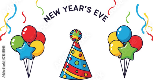 New Year's Eve celebration with party hats, balloons, and festive decorations