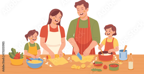 Family cooking together, pasta preparation, kitchen teamwork, happy children, homemade food, vegetables, bonding time, culinary activity, domestic joy, learning moments