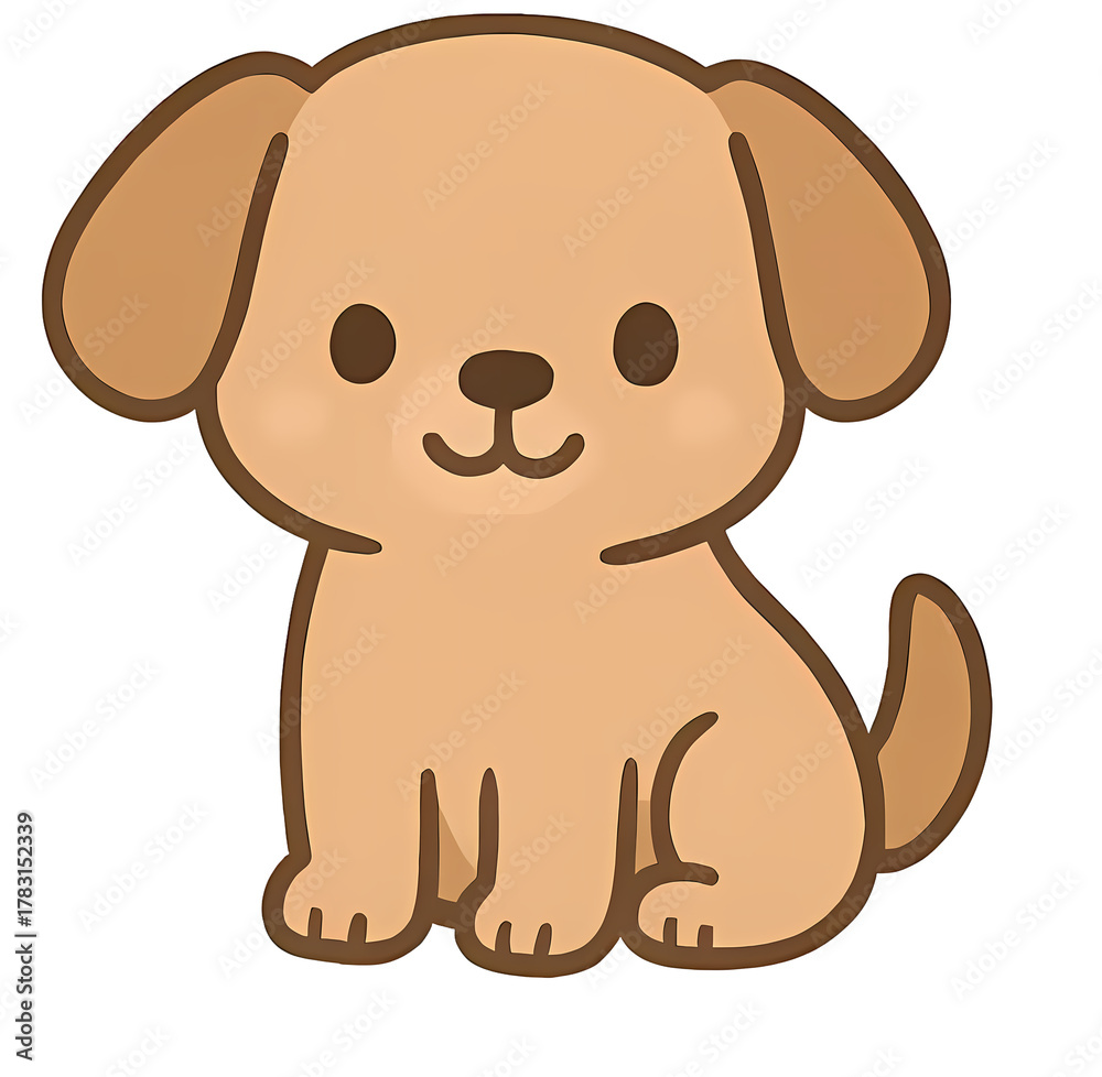 Fototapeta premium Joyful Puppy's Portrait: A cheerful cartoon puppy sits poised, radiating cuteness with an inviting smile, capturing the playful innocence and charm of a beloved pet.