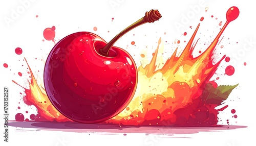 A vibrant red cherry bursts explosively, creating a dynamic visual with fiery hues and splashes against a white backdrop