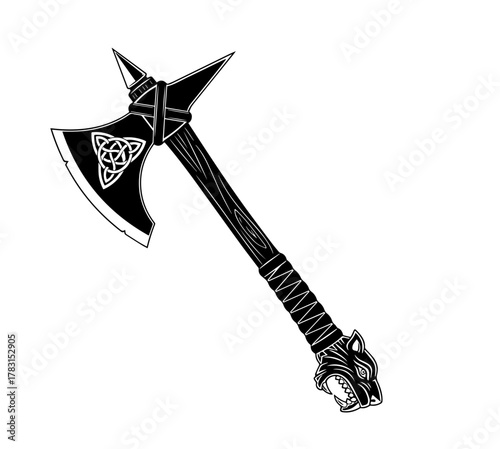 A striking black and white vector of a battle axe, featuring a Celtic Triquetra on the blade, a wrapped hilt, and a detailed snarling wolf head pommel