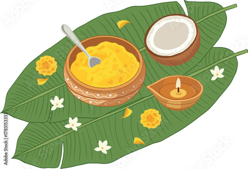Decorative Pongal Dish with Coconut, Diya and Banana Leaves for Harvest Festival 