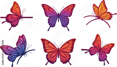 Colorful butterfly vector collection, purple orange and blue gradient insects, decorative nature design, artistic flying butterflies illustration set for design