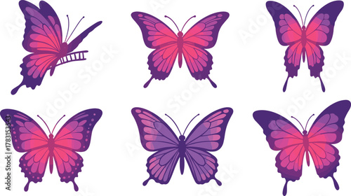Vibrant pink and purple butterfly collection, gradient vector illustration, decorative flying insects, abstract nature design, elegant colorful butterfly art pattern