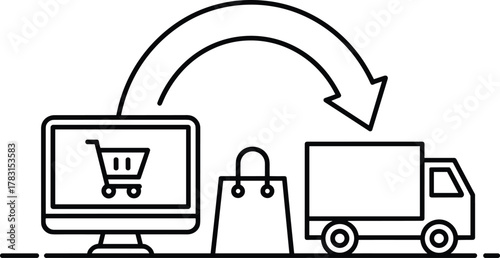 E-commerce Online Shopping and Delivery Outline Vector: Logistics, Shipping, Order Fulfillment Illustration