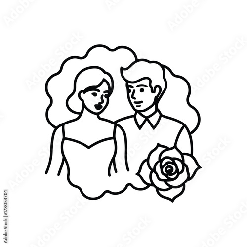 A minimalist line art portrait of an elegant couple in love, adorned with a rose. Vector icon illustration for romance and relationships