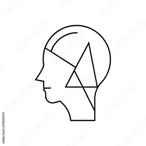 Minimalist line art icon representing a human head profile integrated with geometric shapes and abstract lines