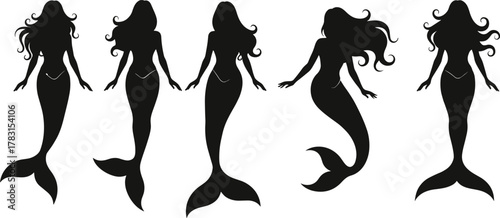 Mermaid silhouette set, black vector sea creature, fantasy female icon, elegant mermaid poses, mythical ocean art, underwater illustration pack