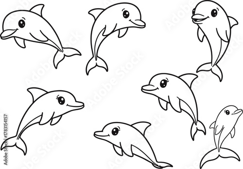 Playful dolphin cartoon set, smiling sea animal illustration, black line drawing, marine creature poses, vector ocean icon, aquatic sketch