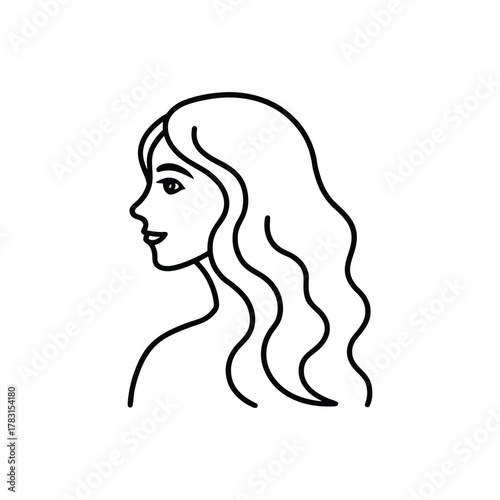 Simple line art illustration of a woman's side profile with flowing wavy hair, a delicate facial outline