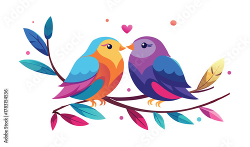 Two colorful birds perched on a branch sharing a tender moment