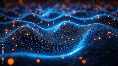 Digital Flow: Abstract representation of a dynamic digital landscape, a sea of interconnected data points with glowing particles, representing the boundless potential of the digital realm. 