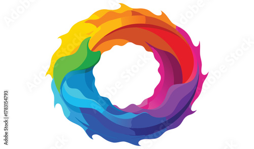 Vibrant rainbow colored abstract swirl on white background
