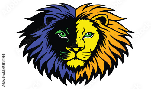 Split colored lion head illustration with intense eyes