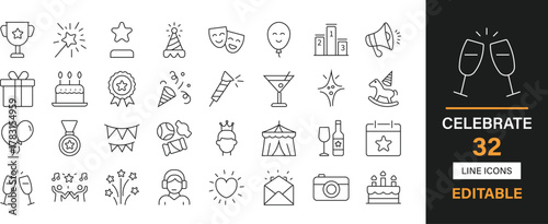 Celebrate 32 editable line icons pack. Party, birthday, gift, balloons, fireworks, confetti, party hat, cake, ribbon, toast, festivity, event and more icons.