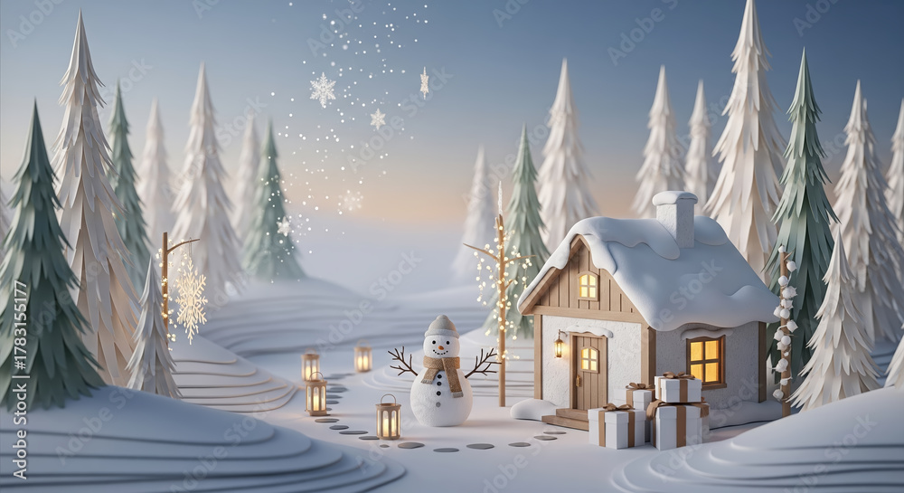 Fototapeta premium Scandinavian Winter Papercraft Cabin in Snow Forest with Cozy Warm Lights