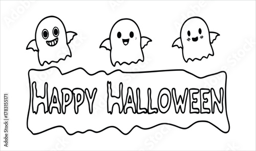Cute hand drawn happy halloween ghosts with text illustration