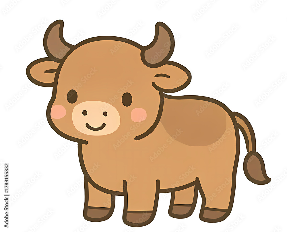 Obraz premium Smiling Cartoon Ox: Adorable cartoon illustration of a cheerful ox with a charming smile, embodies warmth and happiness.