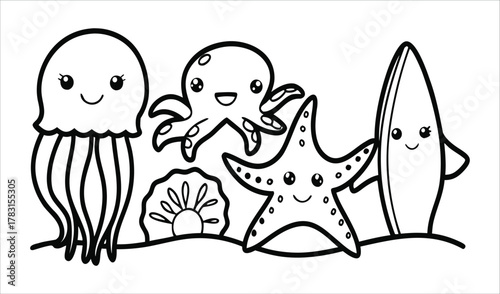 Cute cartoon sea creatures and seashell on sandy seabed