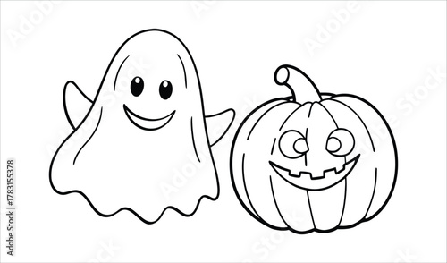 Cute outline drawing of a happy ghost and a jack o lantern for halloween
