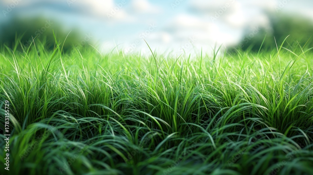 Fototapeta premium Green field: close-up shot captures the vibrant green of a field with lush grass, under a bright blue sky. 