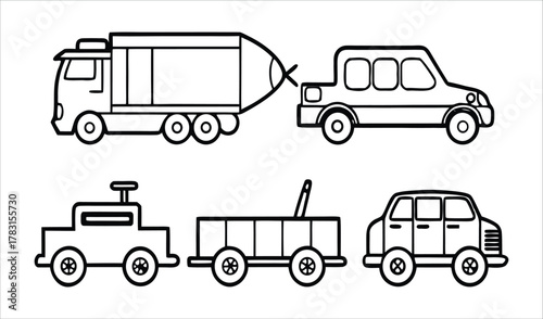 Collection of simple line art vehicles including a truck trailer and cars